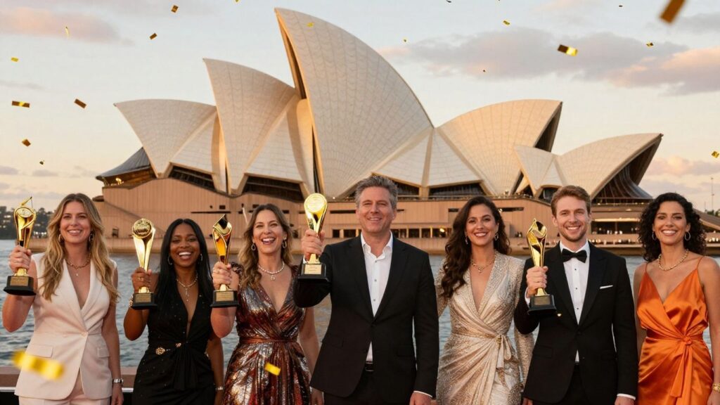 Australian business owners celebrating with trophies at sunset.
