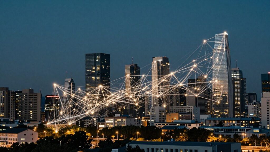 Modern cityscape with abstract network of lights.