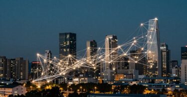 Modern cityscape with abstract network of lights.