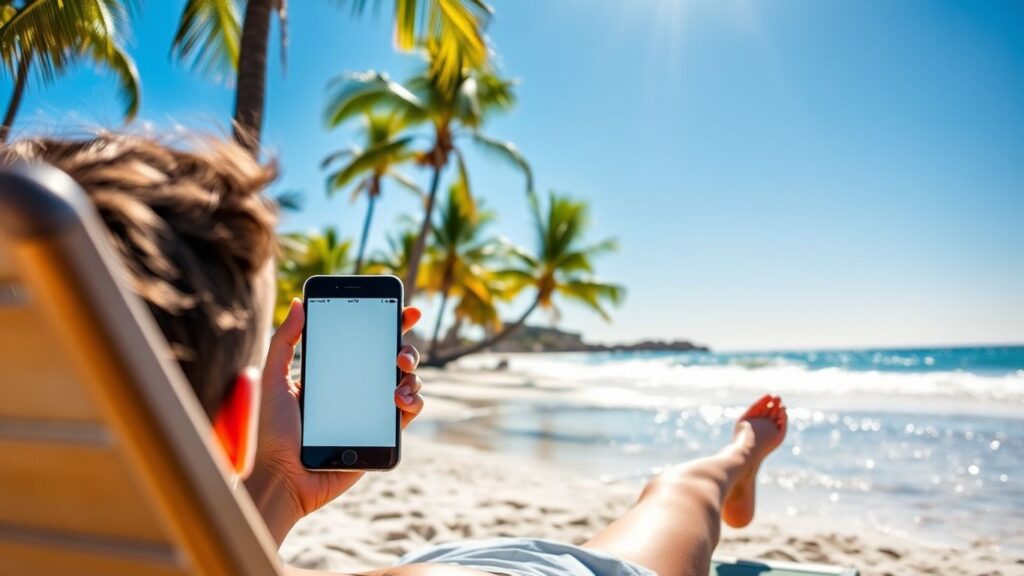 Australian beach with person making money online.