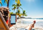 Australian beach with person making money online.