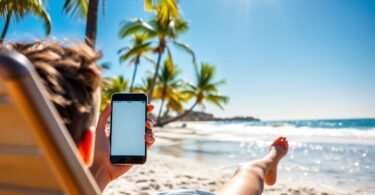 Australian beach with person making money online.