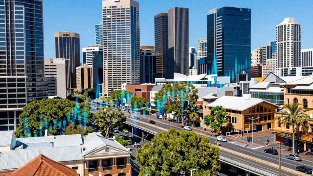 Australian cityscape with data streams for business insights.
