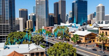Australian cityscape with data streams for business insights.