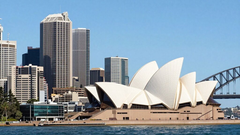 Sydney skyline with business buildings for sale.