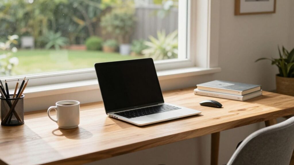 Australian home office with laptop and green backyard view.