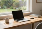 Australian home office with laptop and green backyard view.