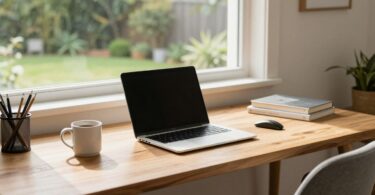 Australian home office with laptop and green backyard view.
