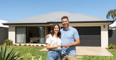 Couple holding keys outside a modern Australian home.