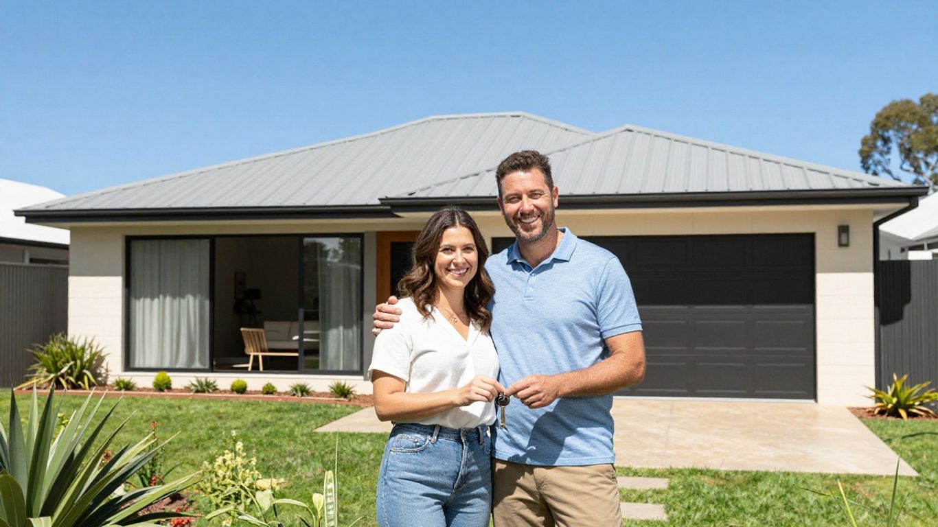 Couple holding keys outside a modern Australian home.