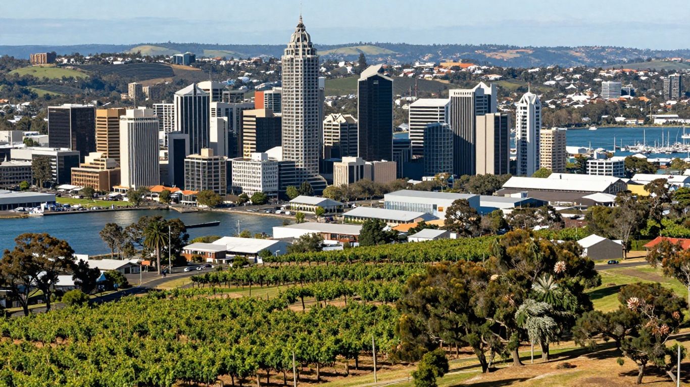 South Australian business landscape: vineyards, city, harbor, industry.