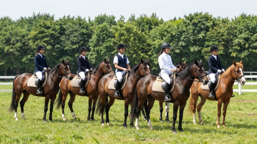 Young riders and horses in an outdoor arena.