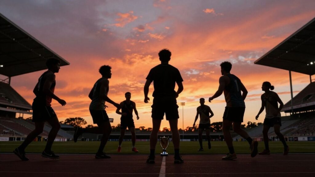 Athletes in motion, stadium sunset, trophy hint.