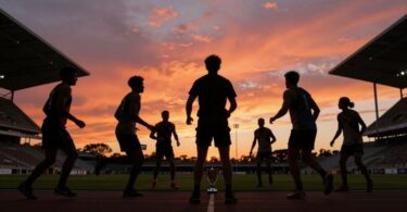 Athletes in motion, stadium sunset, trophy hint.