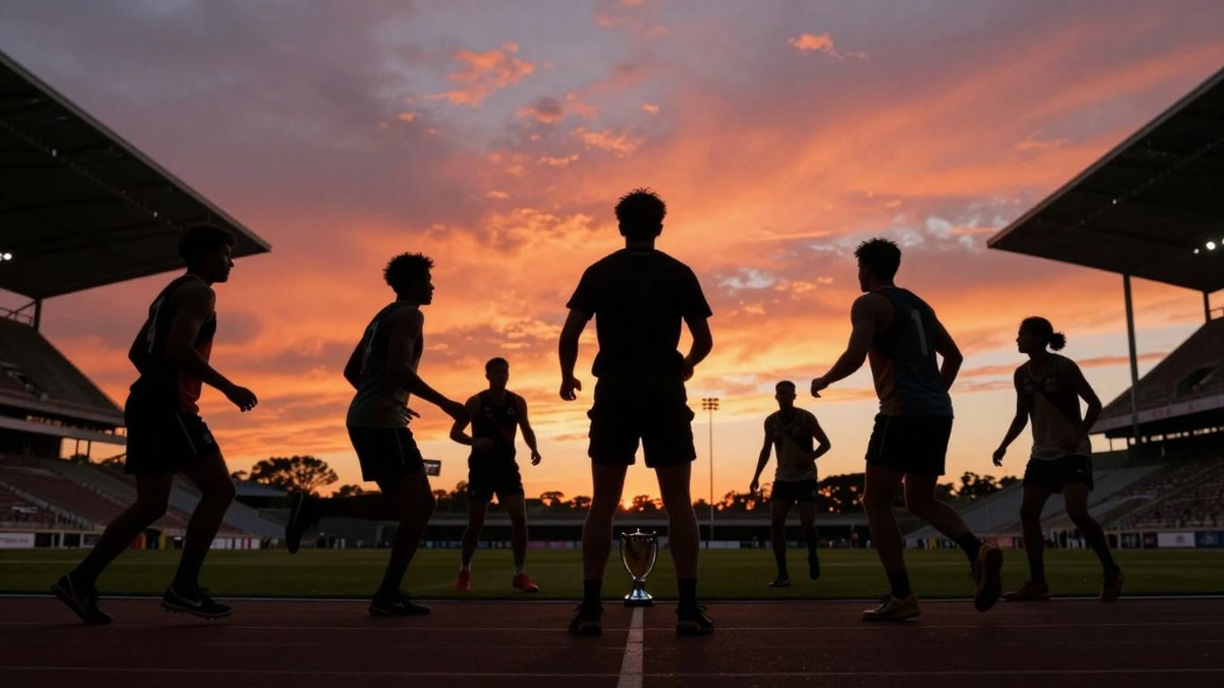 Athletes in motion, stadium sunset, trophy hint.