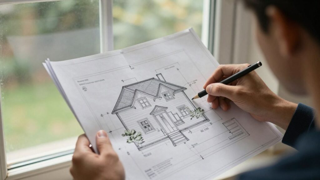 Person looking at house plans, considering home loan options.