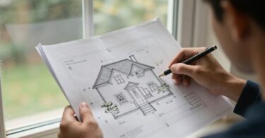 Person looking at house plans, considering home loan options.