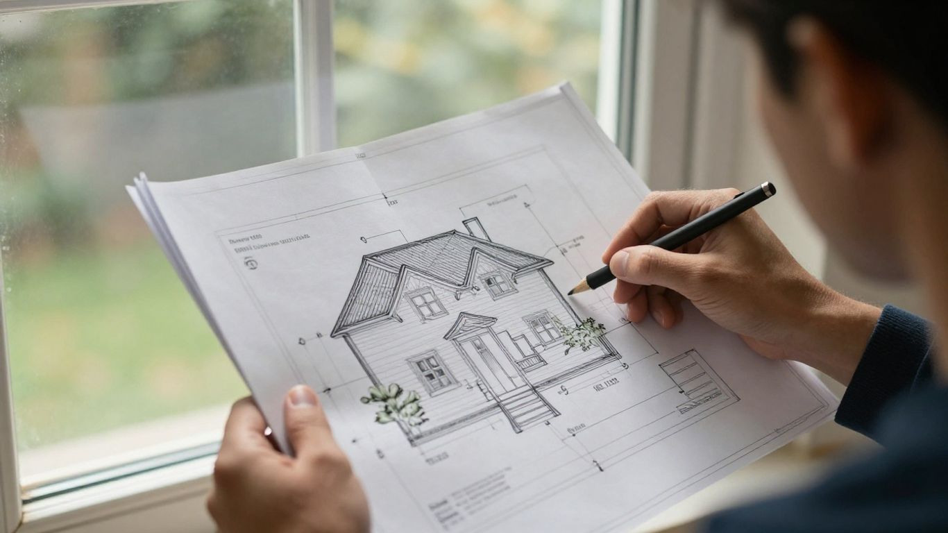 Person looking at house plans, considering home loan options.
