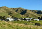 New Zealand houses on green hills under blue sky.