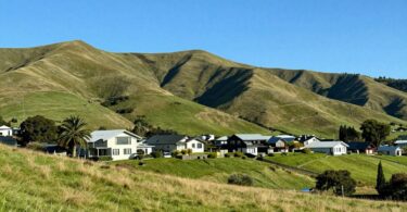 New Zealand houses on green hills under blue sky.
