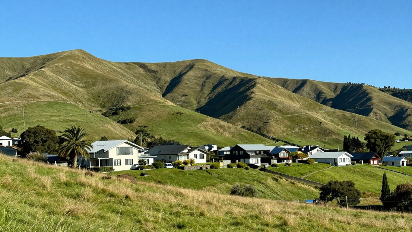 New Zealand houses on green hills under blue sky.