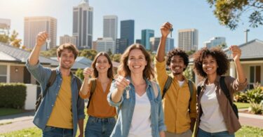 Australian people celebrating financial success with keys.