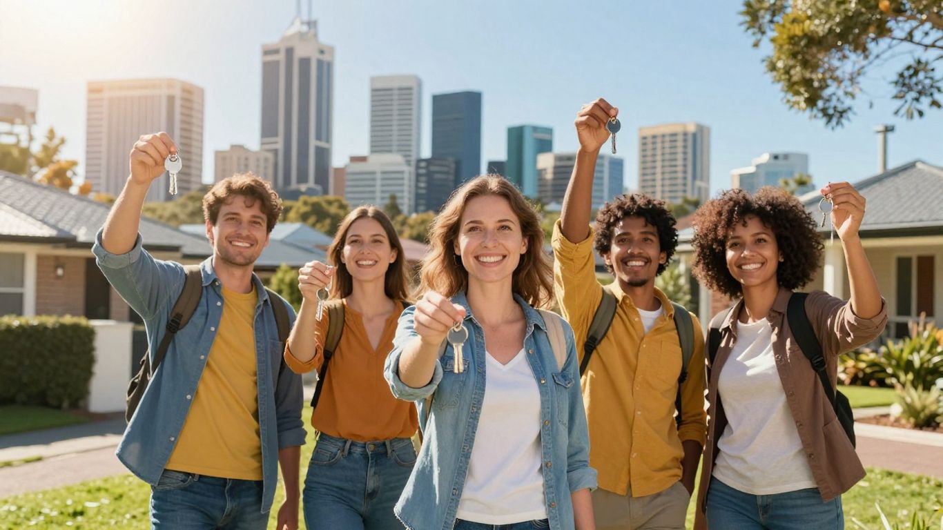 Australian people celebrating financial success with keys.