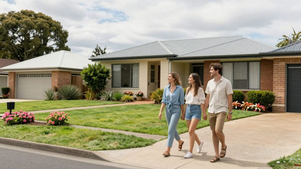 Couple walking towards dream home on sunny street.