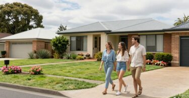 Couple walking towards dream home on sunny street.