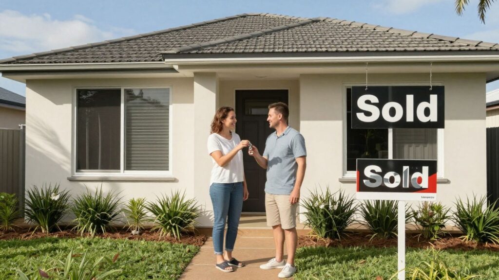 Couple with keys outside Australian home