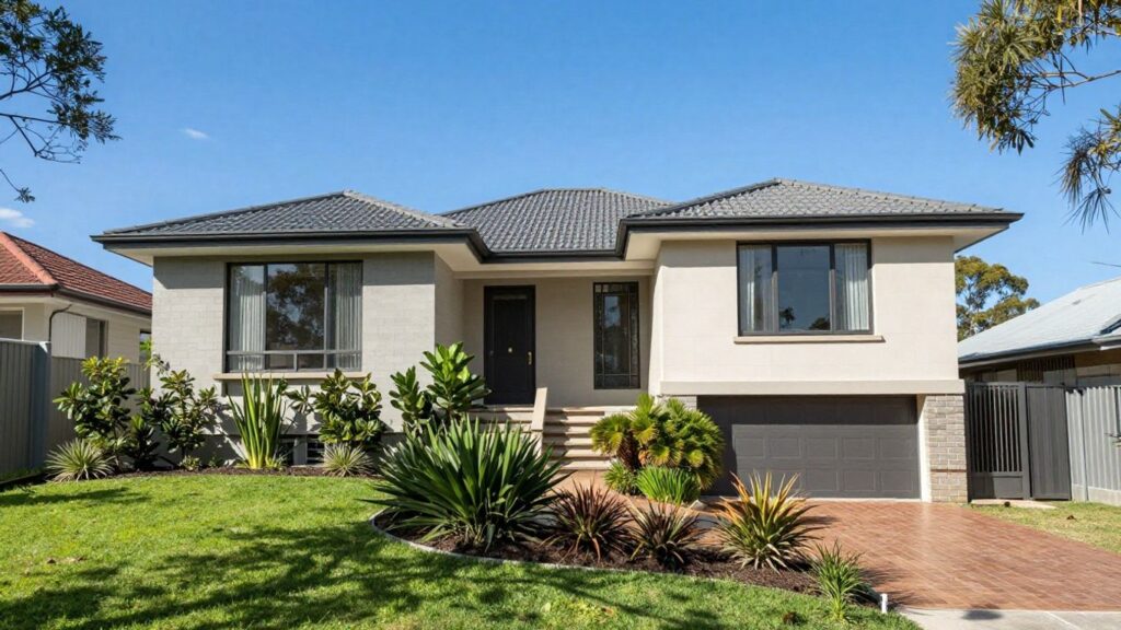 Australian home with sunny sky and green garden.