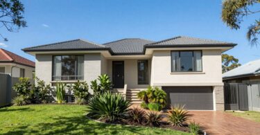Australian home with sunny sky and green garden.