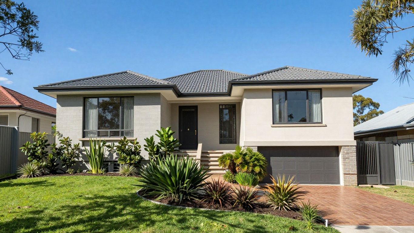 Australian home with sunny sky and green garden.