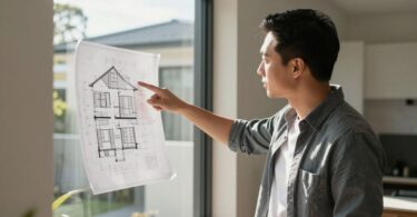 Real estate agent discussing property plans in Australia.